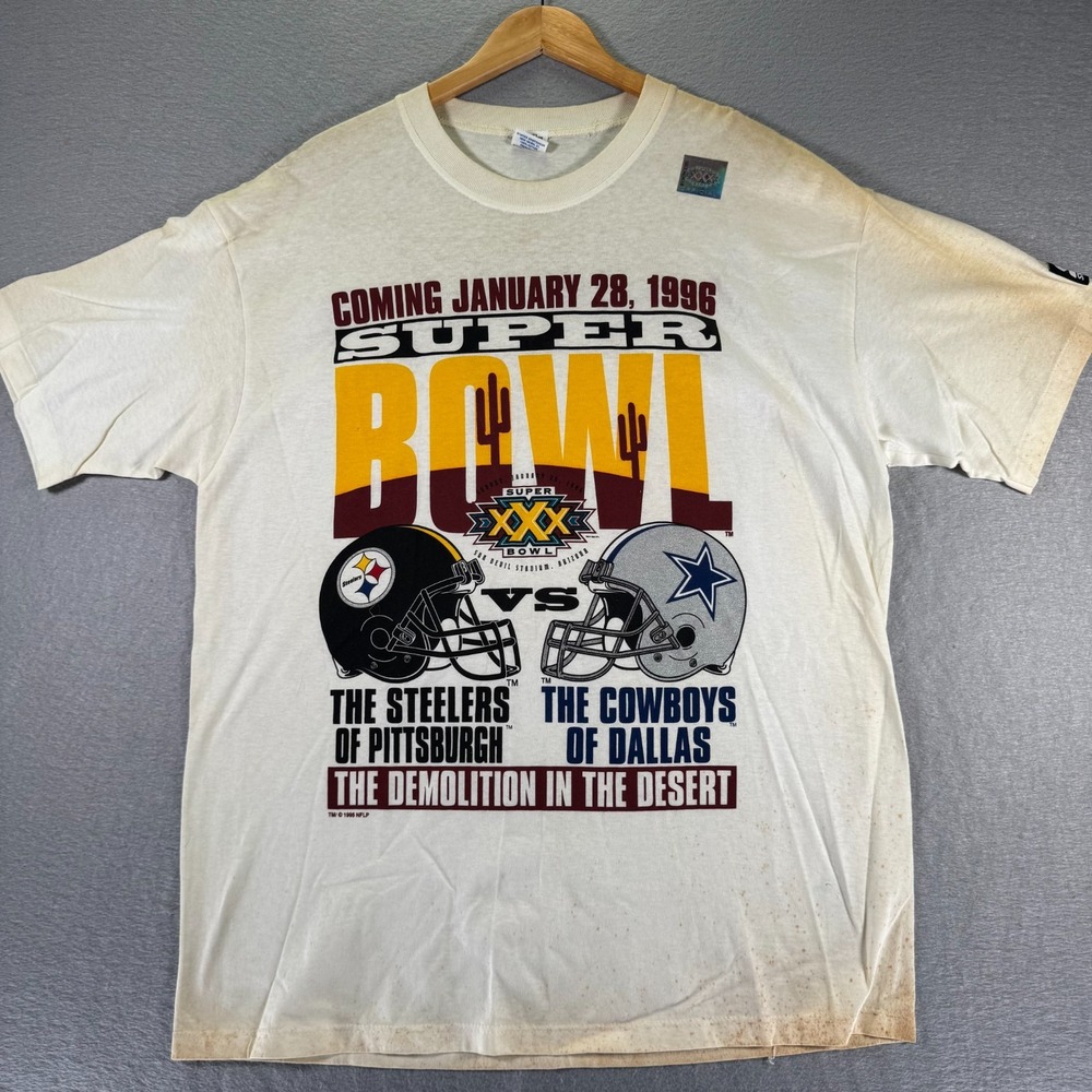 Vintage Superbowl XXX T-Shirt Mens Large White Cowboy Steeler NFL Football 1996